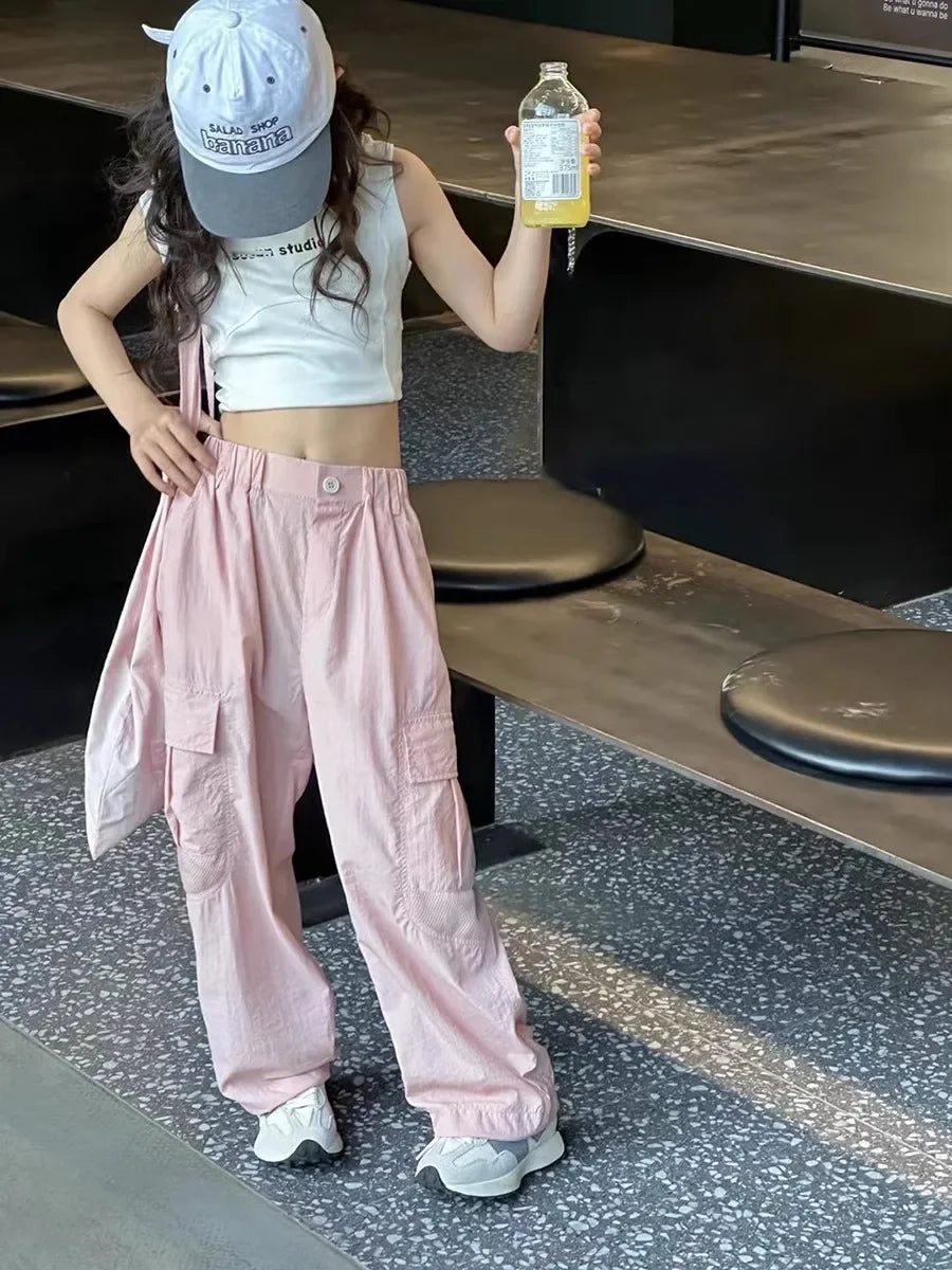Korean Children's Fashion Cargo Pants Quick Dry Casual Pants For Girls Spring Autumn New Arrival Sporty Trousers