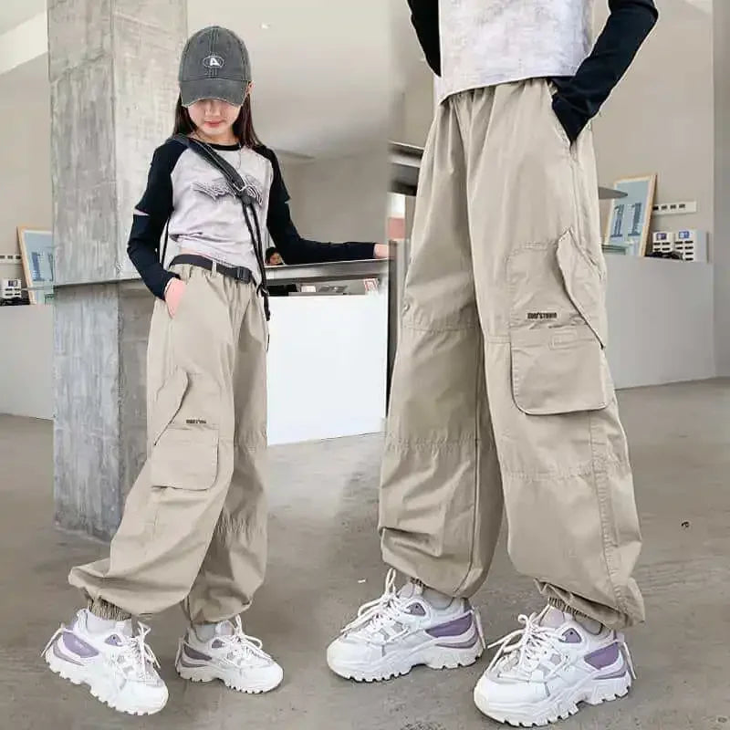 Spring Autumn New Style Loose-Fit Children's Trousers For Girls Casual Chaki Pink Cargo Pants Midwaist Length