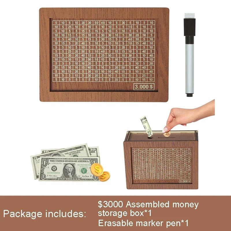 Wooden Piggy Banks, Cash Boxes, Reusable Assembled Cash Boxes, Home Decorations, with Savings Goals and Figures 3000/10000