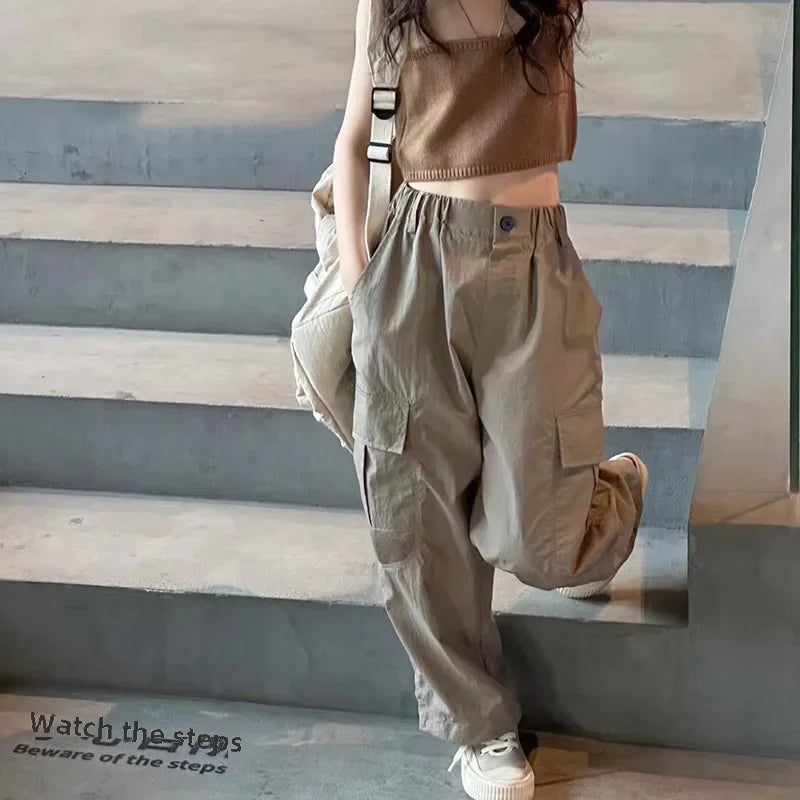 Korean Children's Fashion Cargo Pants Quick Dry Casual Pants For Girls Spring Autumn New Arrival Sporty Trousers