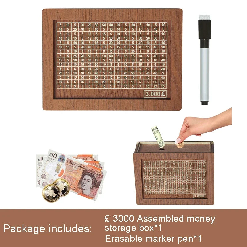 Wooden Piggy Banks, Cash Boxes, Reusable Assembled Cash Boxes, Home Decorations, with Savings Goals and Figures 3000/10000