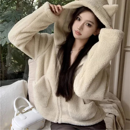 Sweet Style Lamb Fleece Hooded Long Sleeved Sweatshirt Jacket New Cute Soft Loose and Thick Top for Women