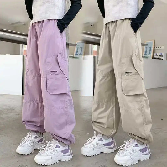 Spring Autumn New Style Loose-Fit Children's Trousers For Girls Casual Chaki Pink Cargo Pants Midwaist Length