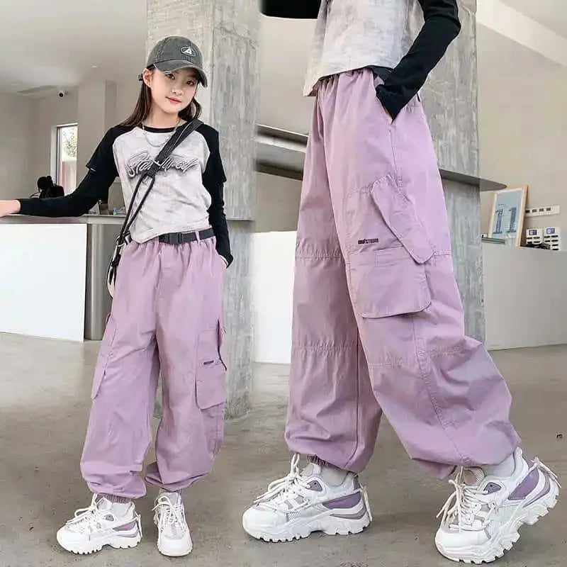 Spring Autumn New Style Loose-Fit Children's Trousers For Girls Casual Chaki Pink Cargo Pants Midwaist Length