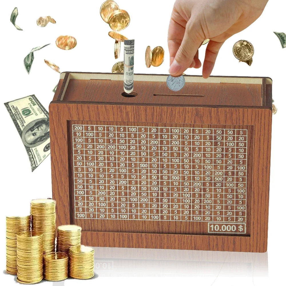 Wooden Piggy Banks, Cash Boxes, Reusable Assembled Cash Boxes, Home Decorations, with Savings Goals and Figures 3000/10000