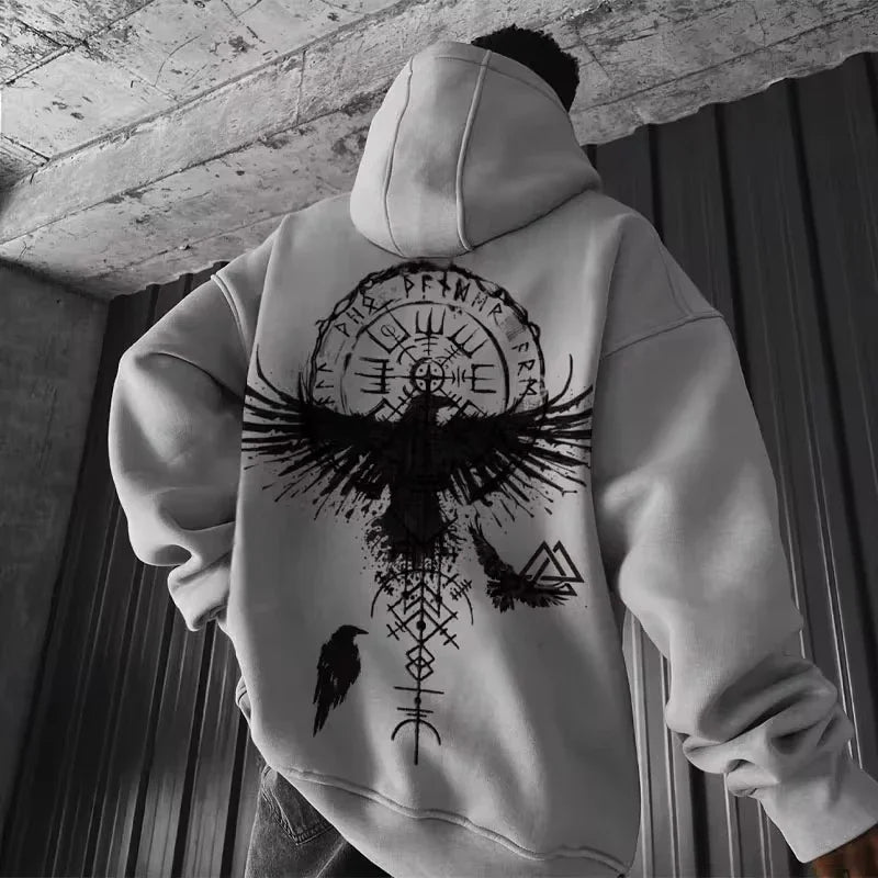 Men's Viking Totem Printed Hooded Sweatshirt Y2K Cotton Hooded Sweatshirt Loose Eagle Pattern Fresh Sport functional Fashionable