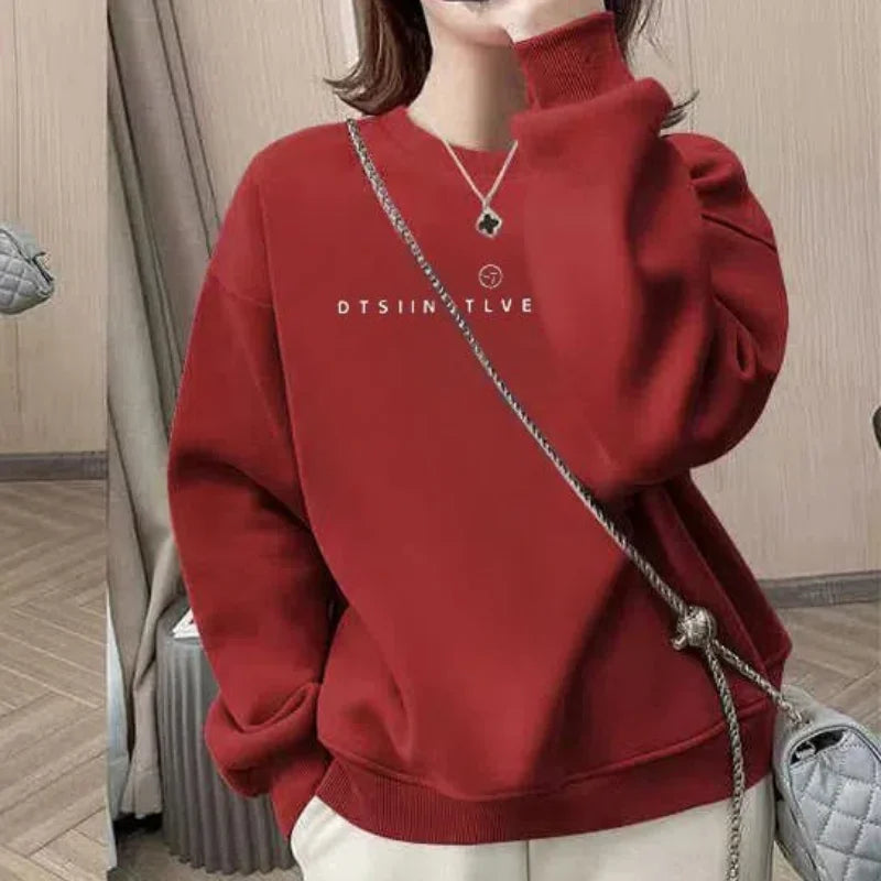 Office Lady Autumn Winter Lantern Long Sleeve Women's Clothing Pullover Letter Printing Round Neck Hoodies Casual Flocking Tops