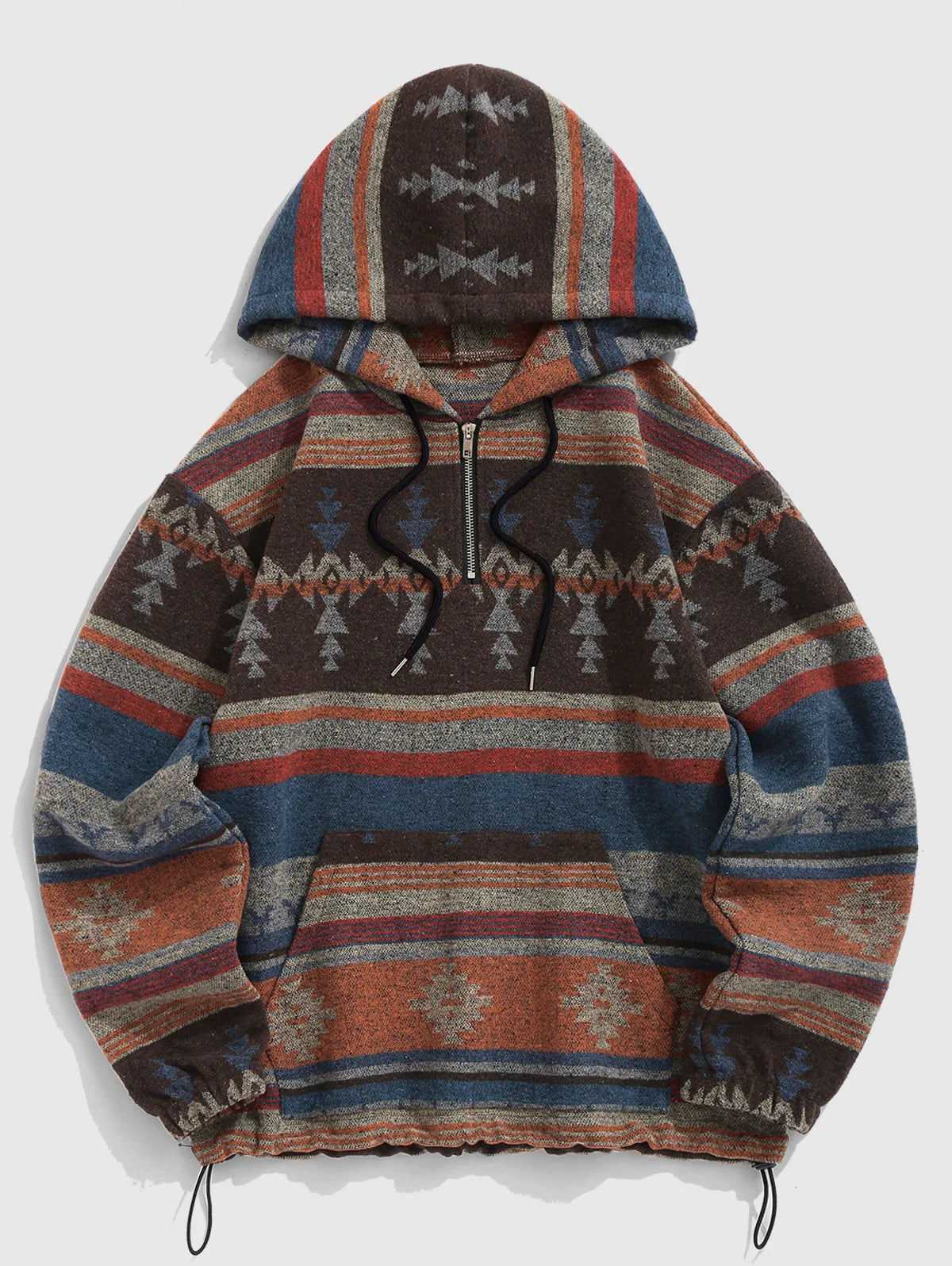 ZAFUL Men's Ethnic Aztec Print Fleece Toggle Drawstring Zip Placket Kangaroo Pocket Pullover Hoodie