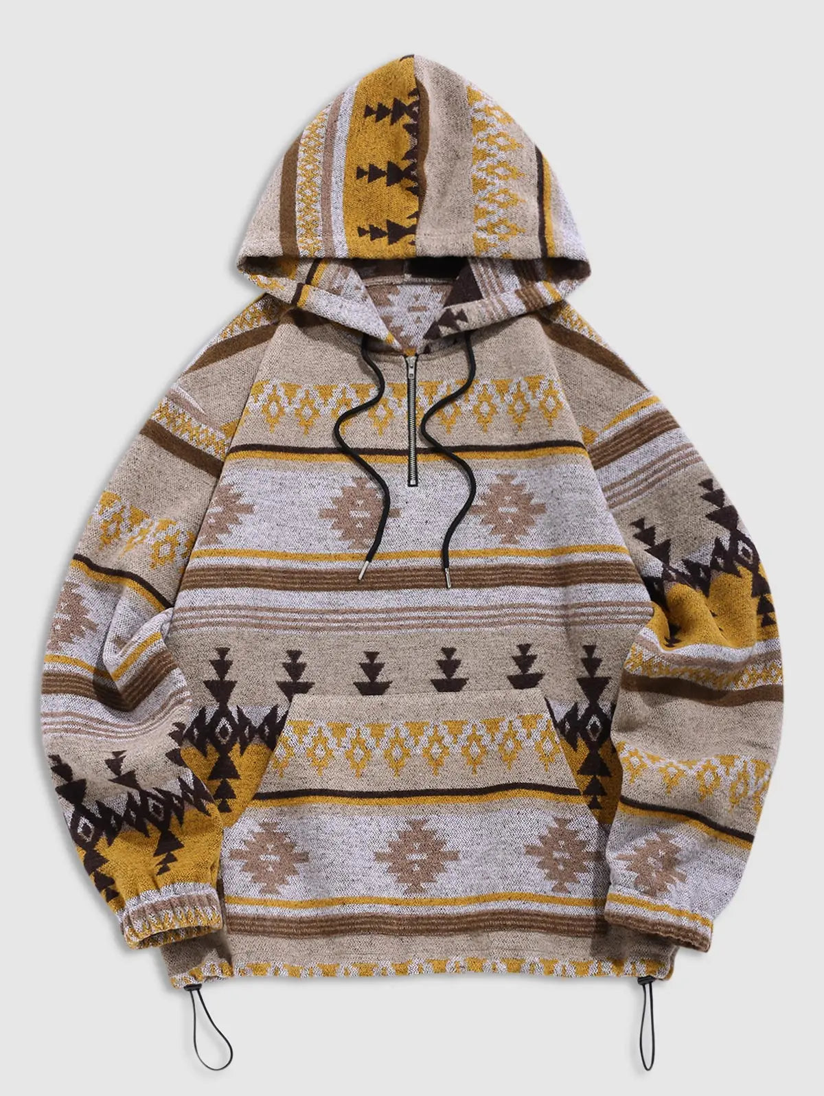 ZAFUL Men's Ethnic Aztec Print Fleece Toggle Drawstring Zip Placket Kangaroo Pocket Pullover Hoodie