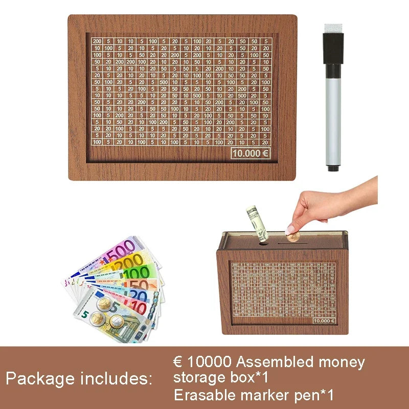 Wooden Piggy Banks, Cash Boxes, Reusable Assembled Cash Boxes, Home Decorations, with Savings Goals and Figures 3000/10000