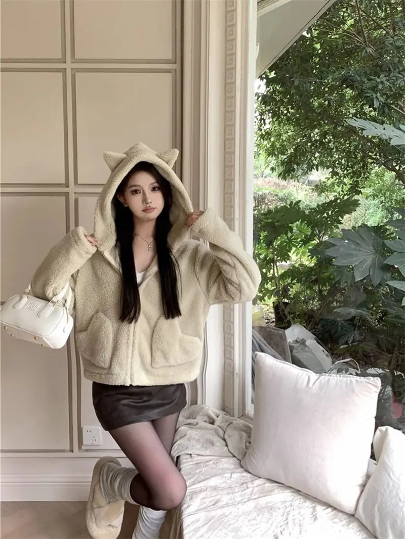 Sweet Style Lamb Fleece Hooded Long Sleeved Sweatshirt Jacket New Cute Soft Loose and Thick Top for Women