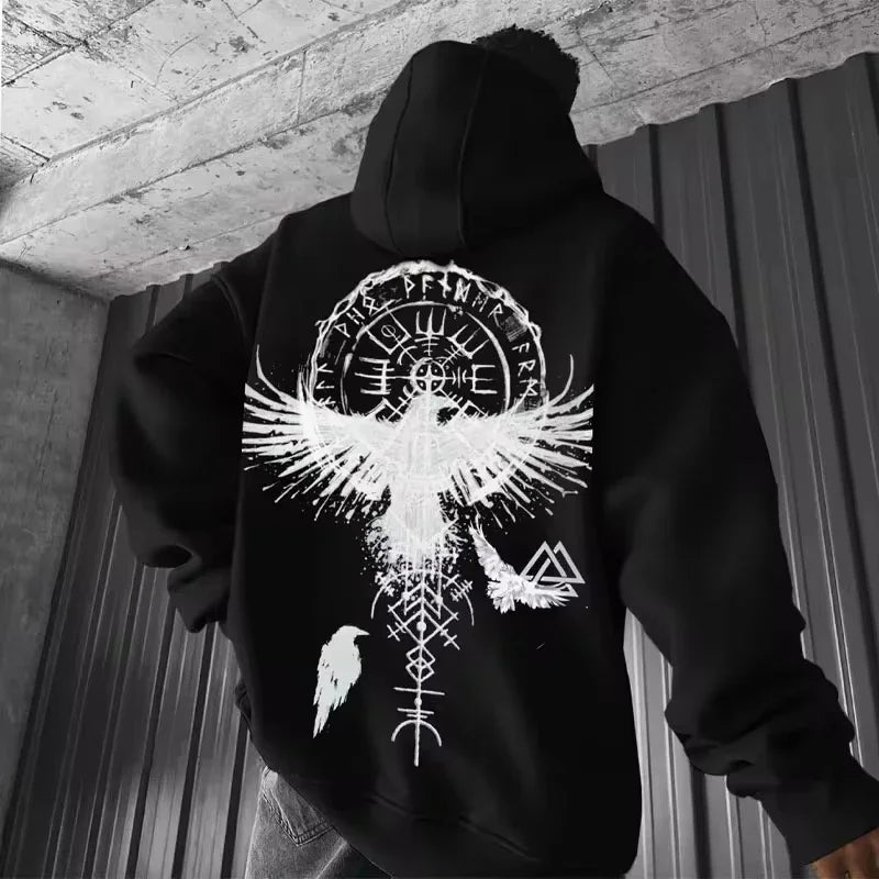 Men's Viking Totem Printed Hooded Sweatshirt Y2K Cotton Hooded Sweatshirt Loose Eagle Pattern Fresh Sport functional Fashionable