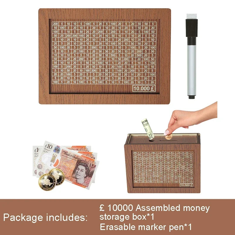 Wooden Piggy Banks, Cash Boxes, Reusable Assembled Cash Boxes, Home Decorations, with Savings Goals and Figures 3000/10000