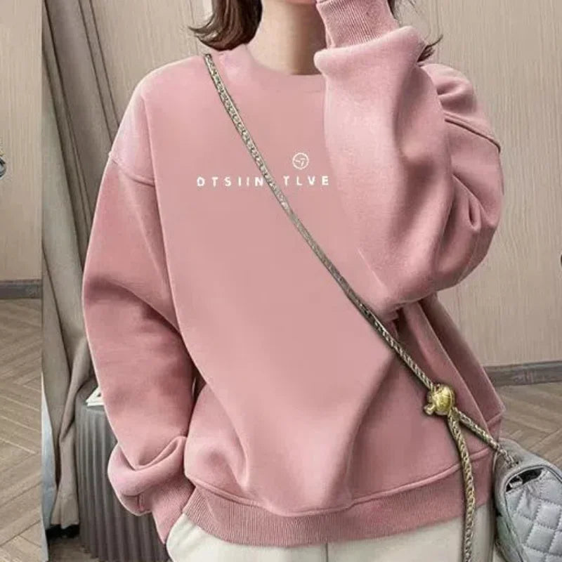 Office Lady Autumn Winter Lantern Long Sleeve Women's Clothing Pullover Letter Printing Round Neck Hoodies Casual Flocking Tops