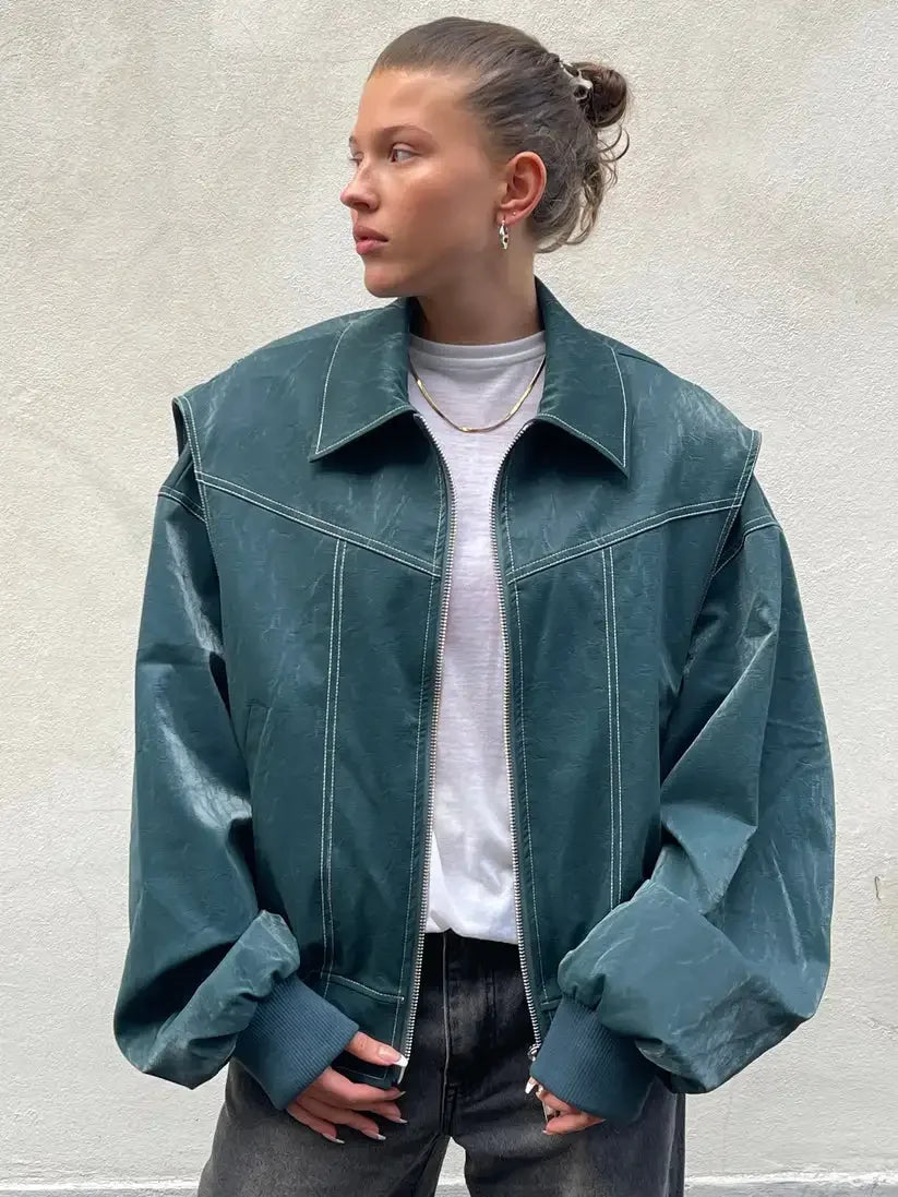 Women Fashion Vintage Lapel Long Sleeve Spliced Fashion Jacket Zipper Pocket Slim Fit Coat 2024 Autumn Casual New Lady Outerwear