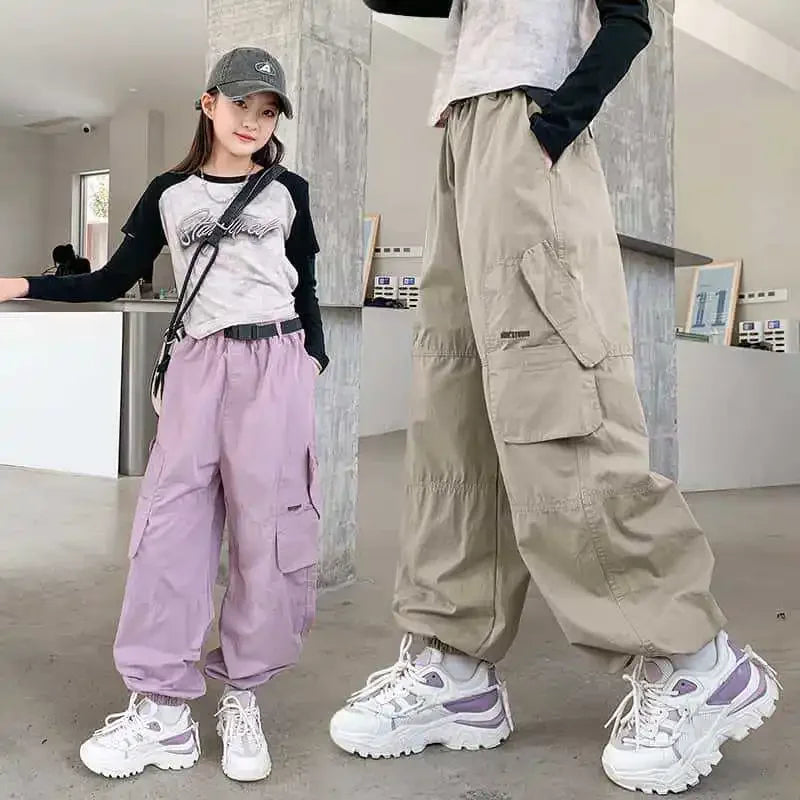 Spring Autumn New Style Loose-Fit Children's Trousers For Girls Casual Chaki Pink Cargo Pants Midwaist Length