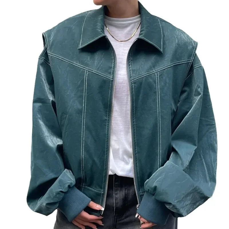 Women Fashion Vintage Lapel Long Sleeve Spliced Fashion Jacket Zipper Pocket Slim Fit Coat 2024 Autumn Casual New Lady Outerwear